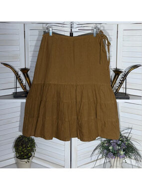 Vintage Y2K Ren Faire look peasant skirt linen brown tiered midi tie at waist L